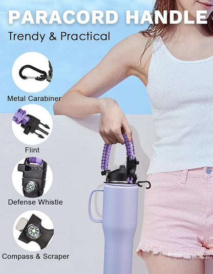 32oz 40oz Insulated Water Bottle with Handle, Leakproof Straw Lid, Pop-up Chug Lid, Paracord Handle and Storage Carrier Bag, Keep Cold 48h & Hot 24h, Slim Travel Tumbler Fit in Car Cup Holder