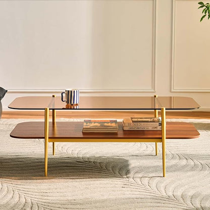AGV LIGHTING Tadio Large Glass Coffee Table, Mid-Century Modern Coffee Table for Living Room, Gold Finish Leg, Coffee Brown Glass Top & Walnut Brown Shelf, 47 in Rrounded Corners