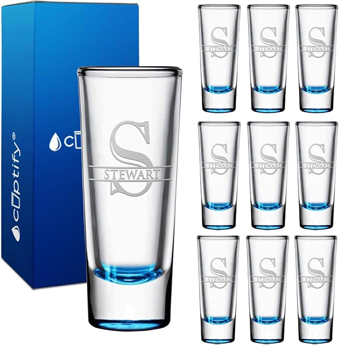 Personalized Shot Glasses Set of 10 Lite Blue Bottom Custom 2 oz Cordial Shot Glass Initial and Name for Gifts, Weddings, Birthdays, Party, Event, Decorations