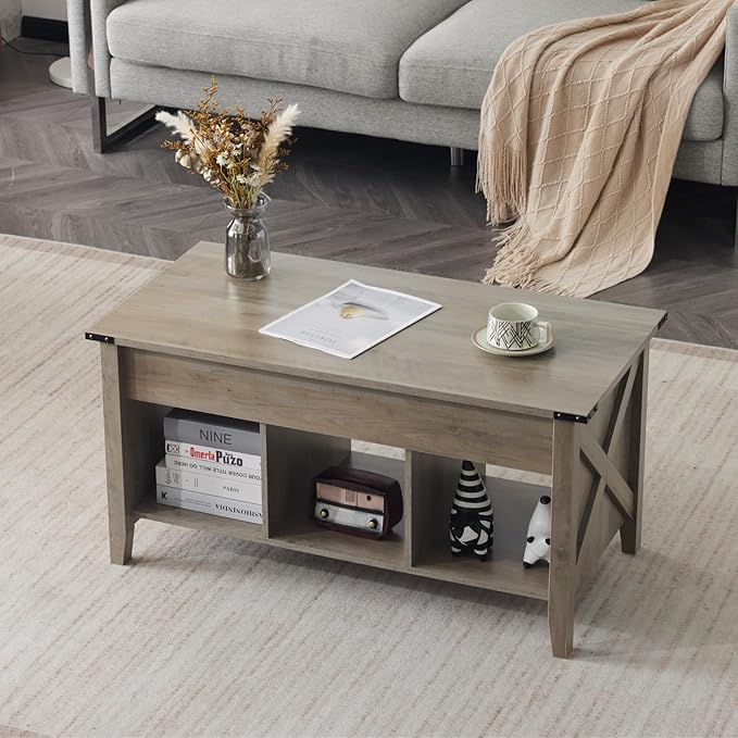 VINGLI Farmhouse Lift Top Coffee Table, Rustic Grey with Storage Shelf/Hidden Compartment, Mesa De Centro para Sala