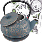 Load image into Gallery viewer, Large Japanese Cast Iron Teapot Capacity 40Oz with Trivet and Loose Leaf Tea Infuser, Cast Iron Tea Kettle Stovetop Safe. Tetsubin Coated with Enamel Interior - Blue Teapot