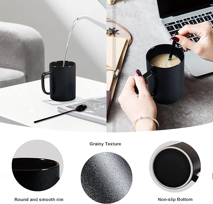 Coffee Mugs, Matte Black Ceramic Mug Set of 2, 13.5 OZ Large Coffee Set with Black Coffee Spoons, Big Cups for Cappuccino Latte or Tea for Home Office Restaurant or Bar, for Men and Women Couple Gift