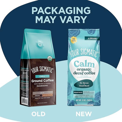 Four Sigmatic Calm Organic Decaf Ground Coffee | Swiss Water Decaf Coffee with Chaga & Reishi Mushroom Extracts | 12oz Bag