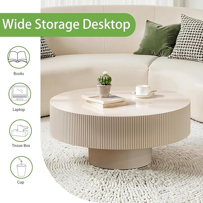 Handmade Round Fluted Drum-Shaped Coffee Table、Rustic Modern Circular Centerpiece for Living Room & Farmhouse Decor、Easy to Clean (A Off White 30.9 in)
