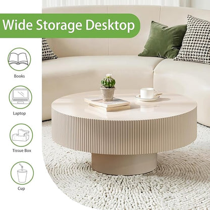 Handmade Round Fluted Drum-Shaped Coffee Table、Rustic Modern Circular Centerpiece for Living Room & Farmhouse Decor、Easy to Clean (A Off White 30.9 in)
