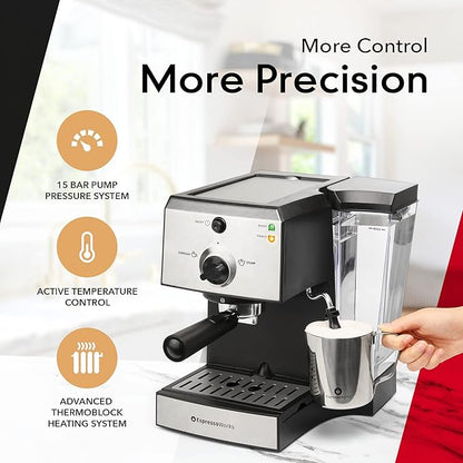 EspressoWorks All-In-One Espresso Machine with 7-Piece Set - Latte Maker Includes Grinder, Cups, Spoon and Tamper - Coffee Gifts (Stainless Steel)