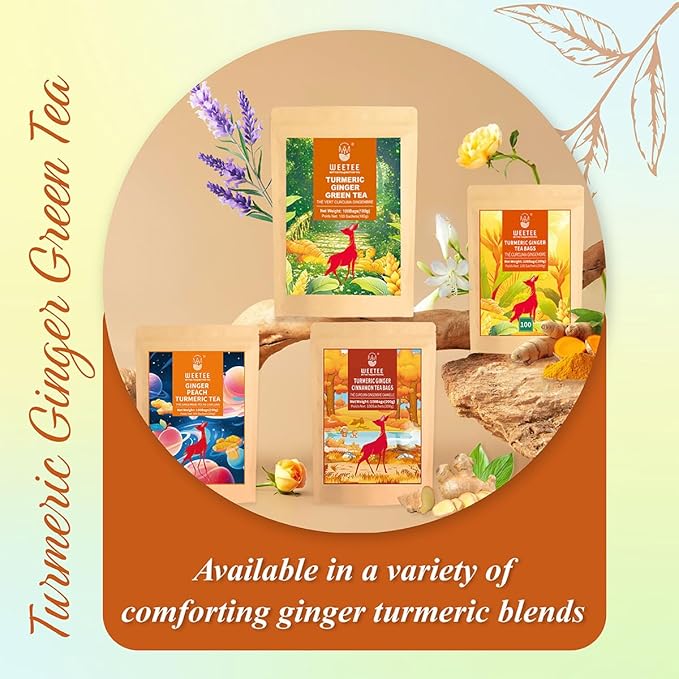 WT WEETEE Turmeric Ginger Green Tea Bags, 100 Count Made Turmeric, Ginger Root, Cinnamon and Honey Flavoring, Natural Caffeinated Spice Tea
