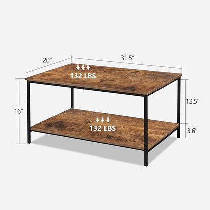 SENIG Small Brown Rectangle Wood and Metal Coffee Table with Storage Shelf for Small Living Rooms