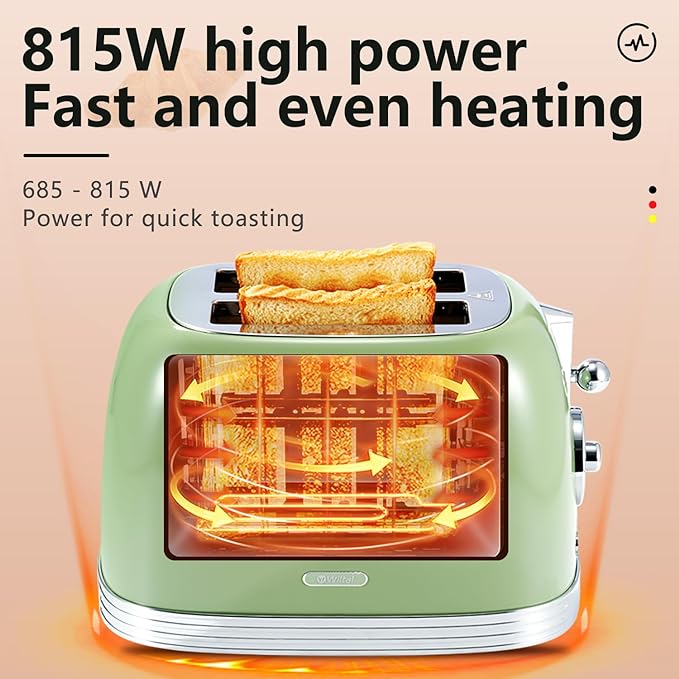 Green Cute Retro Toaster 2 Slice with 1.58" Wide Slots, with Stainless Steel Lid, with Warming Rack, Preheat, Defrost, Countdown Timer Display