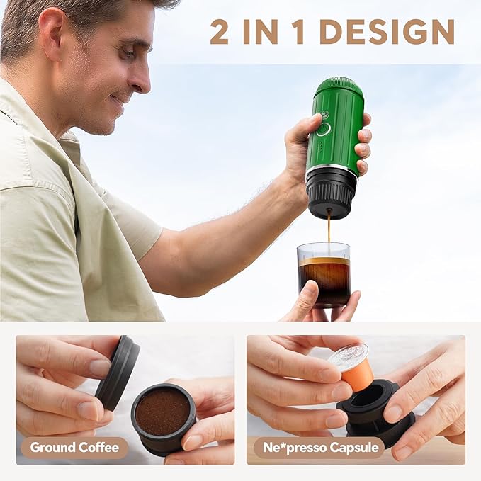 Fast self-heating Portable Electric Espresso Coffee Maker, 2 IN 1 Extraction Espresso Machine, Support Ground Coffee and NS capsule, for Travel,Car,Hiking,Climbing（Green） Rich Crema