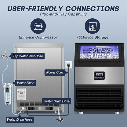 Commercial Ice Maker Machine 250LBS/24H with 75LBS Storage Bin, Stainless Steel Undercounter/Freestanding Ice Maker Machine for Home Bar Outdoor, 80PCS Ice Cubes Ice Machine, Self Cleaning