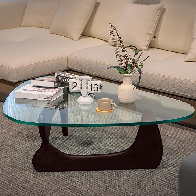 Noguchi Table Triangle Glass Coffee Table Vintage Glass End Table, Solid Wood Base and Triangle Clear Glass Top Modern End Table for Living Room, Patio, Study, Dark Walnut