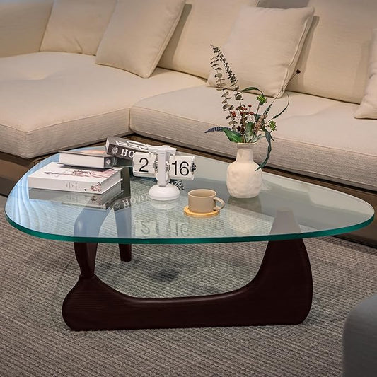 Noguchi Table Triangle Glass Coffee Table Vintage Glass End Table, Solid Wood Base and Triangle Clear Glass Top Modern End Table for Living Room, Patio, Study, Dark Walnut