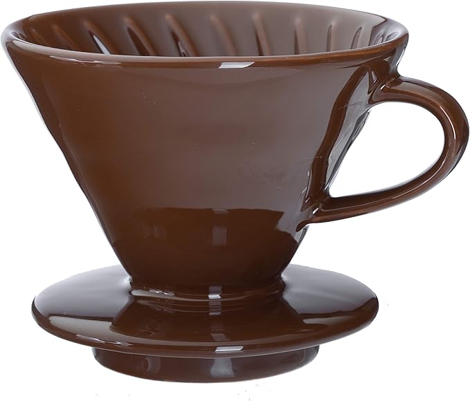 Pour Over Coffee Dripper - Ceramic Slow Brewing Accessories for Home, Cafe, Restaurants - Easy Manual Brew Maker Gift - Strong Flavor Brewer - V02 Paper Cone Filters - Brown, 2 Cup size