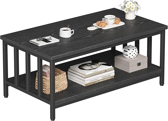 Coffee Table for Living Room with Slatted Sides Frame, Modern Farmhouse Living Room Table with 2-Tier Storage Shelf for Home Office, Apartment, 39 inch, Black