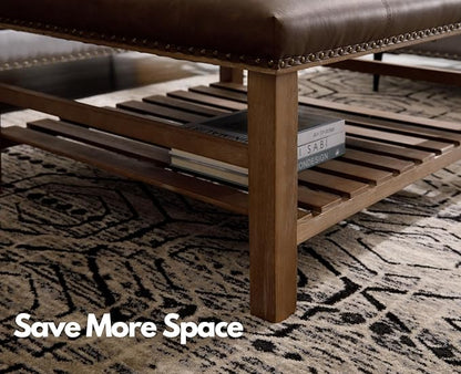 Kmax 32-Inch Dark Brown Faux Leather Coffee Table Large Square Ottoman Foot Rest Stool Upholstered Coffee Table with Wooden Shelf Storage for Living Room Office