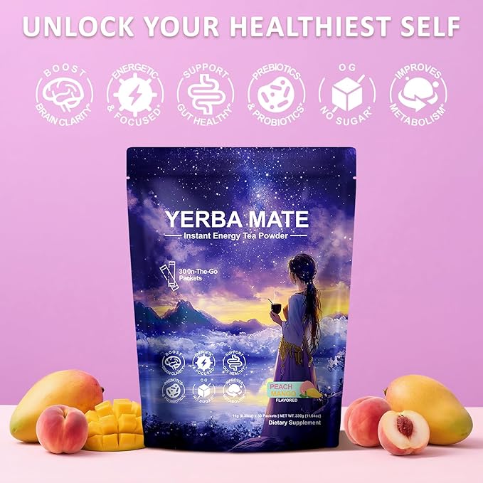 Yerba Mate Peach Mango Drink Mix - Instant Tea Powder with Natural Caffeine & Probiotics for Gut Health, Focus, Cortisol Levels, Immunity, 30 Servings Clean Energy Drink Powdered, No Crash, Sugar-Free