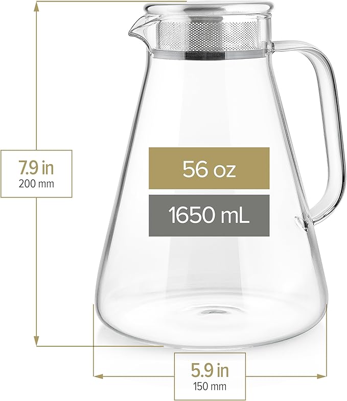 Teabloom One-Touch Tea Maker, 2-in-1 Teapot and Kettle with Stainless Steel Filter Lid for Loose Tea – Stain-free Borosilicate Glass Teapot (56 Oz) – Tea Connoisseur's Choice