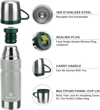 Vacuum Insulated Water Bottle Thermo Water Flask with Cup 680ml/23oz Stainless Steel Thermal Water Bottles Thermo for Hot and Cold Drinks Coffee Water(Light Gray,Single)