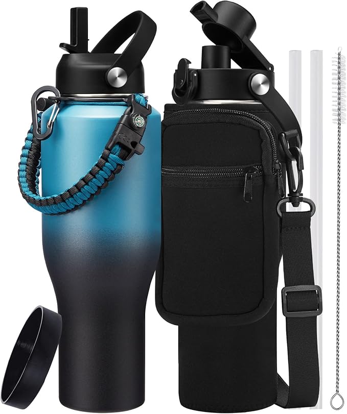40 oz Insulated Water Bottle with Straw fit in Car Cup Holder - Metal Water Bottle with Straw, Auto Spout Lid, Thermal Water Tumbler Cup with Lid, Storage Carrier Bag, Silicone Boot