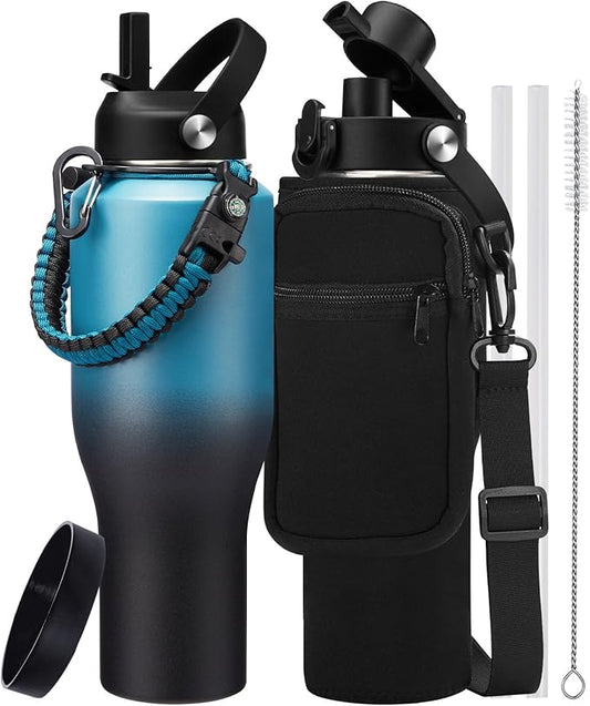40 oz Insulated Water Bottle with Straw fit in Car Cup Holder - Metal Water Bottle with Straw, Auto Spout Lid, Thermal Water Tumbler Cup with Lid, Storage Carrier Bag, Silicone Boot