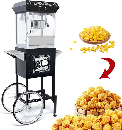 Popcorn Machine with Cart, 10oz Commercial Popcorn Maker Machine with Stainless Steel Kettle, Reject Kernel Tray, Warming Light and Steel Frame Tempered Glass Doors
