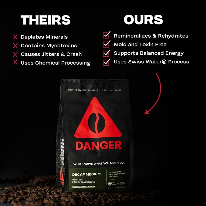Danger Coffee by Dave Asprey, Remineralized, Mold Free & Lab Tested Swiss Water Decaf Whole Bean Coffee, Medium Roast, Decaffeinated 10.9 Ounce