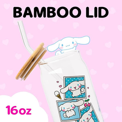 Silver Buffalo Sanrio Hello Kitty and Friends Cinnamoroll Polaroids Glass Jar Tumbler with Bamboo Lid and Glass Straw, 16 Ounces