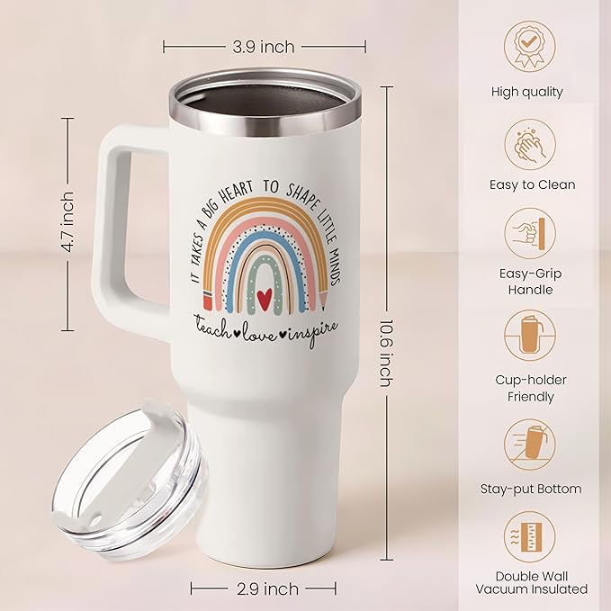 SANDJEST Teacher Appreciation Gifts - It Takes a Big Heart 40oz Stainless Steel Tumbler with Handle - Thank You Gift for Teacher's Day & Graduation
