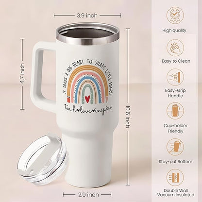 SANDJEST Teacher Appreciation Gifts - It Takes a Big Heart 40oz Stainless Steel Tumbler with Handle - Thank You Gift for Teacher's Day & Graduation