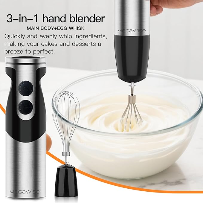 Megawise High-Power Hand Blender – 400W Max Power with Versatile 3-in-1 Attachments (Blending Shaft, Whisk, Chopper); Ergonomic Design with Adjustable Speed Control; Easy to Clean and Maintain (Black)
