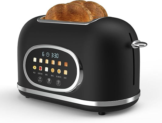 Rae Dunn Retro Digital Electric Toaster, 2 Slice Stainless Steel Toaster With Touchscreen, Countdown Timer, 6 Shade Settings, Wide Slots, High Lift Lever, Bagel, Defrost & Reheat, Black New