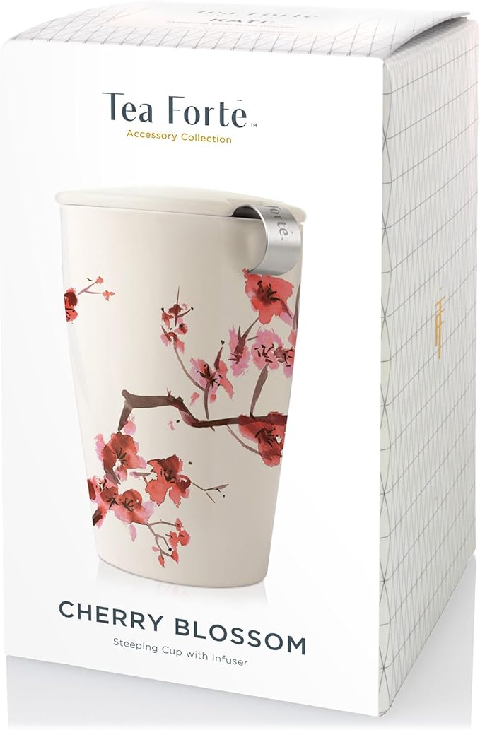 Tea Forté KATI Single Cup Loose Leaf Tea Brewing System, Insulated Ceramic Cup with Improved Tea Infuser and Lid, Cherry Blossoms