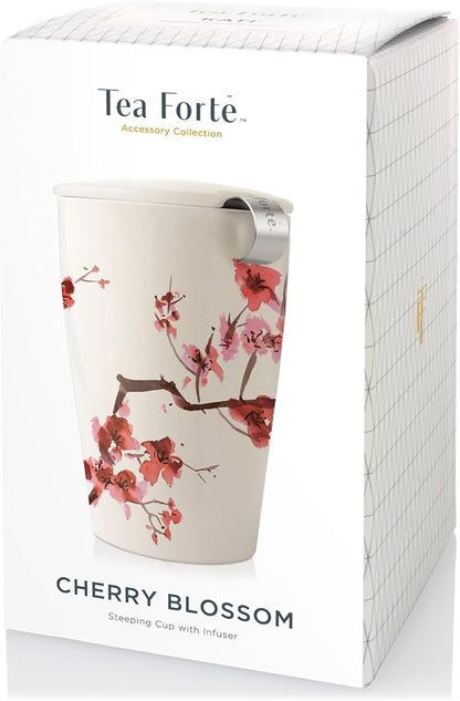 Tea Forté KATI Single Cup Loose Leaf Tea Brewing System, Insulated Ceramic Cup with Improved Tea Infuser and Lid, Cherry Blossoms