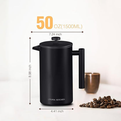Utopia Kitchen Stainless Steel French Press Coffee Maker 50 Oz, French Press Tea Maker, Cold Brew Portable Travel Coffee Presses, Tea Press Gifts Black