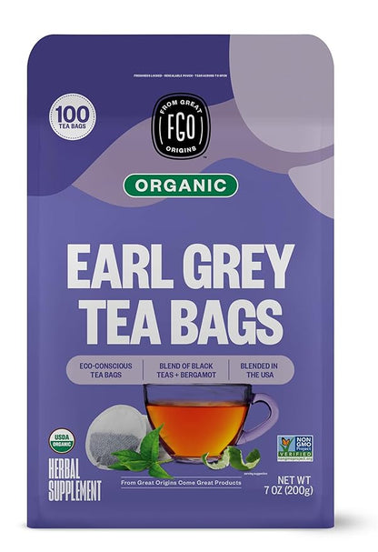 FGO Organic Earl Grey Black Tea, 100 Count, Eco-Conscious Tea Bags, Resealable Bag, Packaging May Vary (Pack of 1)