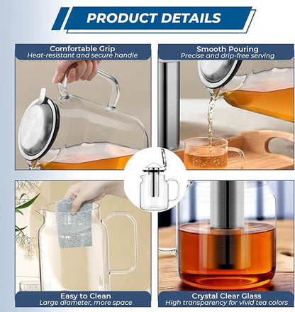 Aquach 68oz Glass Teapot with Stainless Steel Removable Infuser, Stovetop & Dishwasher Safe, Perfect for Brewing Loose Leaf Tea