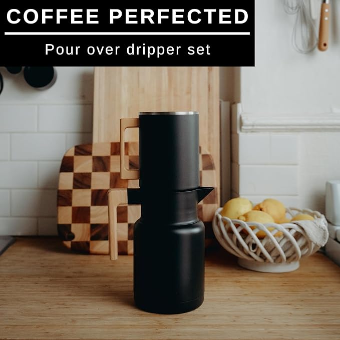 HASTINGS 50 Oz Pour Over Coffee Maker Set with Double Layer Reusable Stainless Steel Filter 8-Cup and Wood Handle - Dual Wall Heat Resistant Drip Coffee Brewer, Pour Over Coffee Dripper Carafe, Black