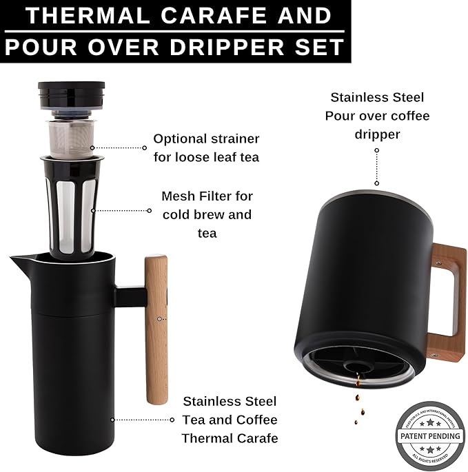 HASTINGS 40 Oz Pour Over Coffee Maker Set with Double Layer Reusable Stainless Steel Filter 8-Cup and Wood Handle - Dual Wall Heat Resistant Drip Coffee Brewer, Pour Over Coffee Dripper Carafe, Black