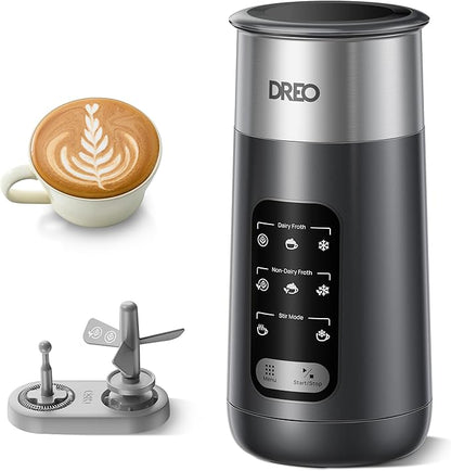 DREO 8-in-1 Milk Frother [Upgraded], Electric Stainless Steel Frother for Latte Art Microfoam and Coffee, 9oz/270ml Warm and Cold Foam Automatic Frothers, LED, Easy to Clean