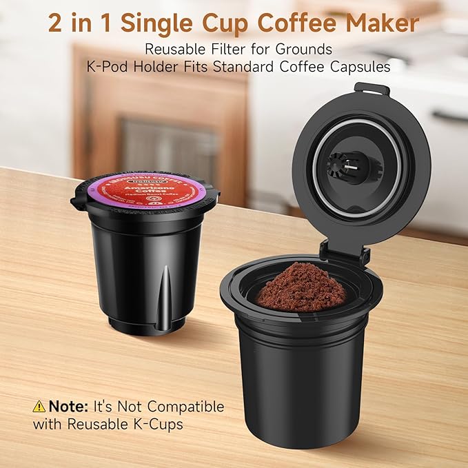 Small Single Serve Coffee Maker, Fast Brew One Cup Coffee Machine for K Cup and Grounds, 6 to 12 oz. Brew Sizes, Capsule Coffee Machine with Descaling Reminder and Viewing Tank, Black