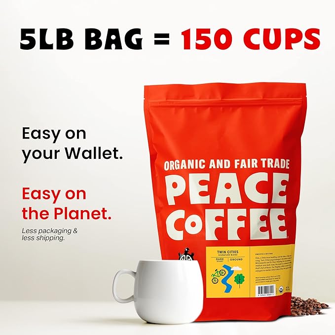 Peace Coffee Twin Cities Blend | 5 lb Ground Dark Roast | Organic Fair Trade | Smooth, Inviting Flavor | Shade Grown, Fresh Roasted