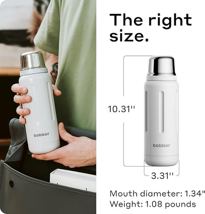 BOBBER 26 oz Stainless Steel Travel Thermos for Hot Drinks – Dishwasher Safe Metal Water Bottle with Cup Lid for Men, Hiking, Travel – Keeps Hot for 36 Hours – BPA-Free, Vacuum Insulated (Iced Water)