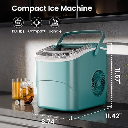 AGLUCKY Ice Makers Countertop with Handle,26.5Lbs/24H,9 Cubes in 6 Mins,2 Sizes of Bullet Ice,Portable Machine with Self-Cleaning,Perfect for Home Kitchen(Green)