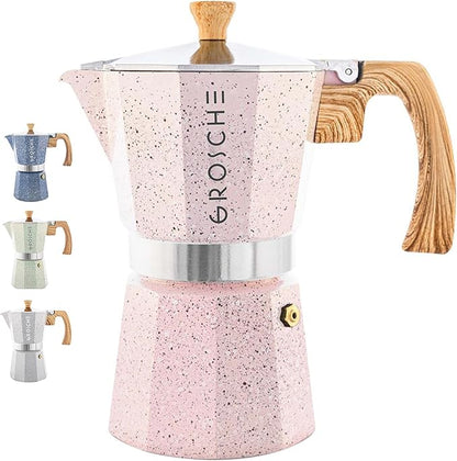 GROSCHE Milano Moka pot, Stovetop Espresso maker, Greca Coffee Maker, Stovetop coffee maker and espresso maker percolator (Pink, 9 cup)