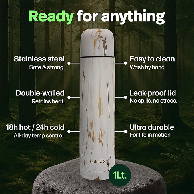 KALMATEH Modern & Elegant Double Walled Vacuum Insulated Stainless Steel Thermo Bottle 1000 ml, Precise Pouring & Heat Retention For Yerba Mate, Coffee, Tea, and Camping