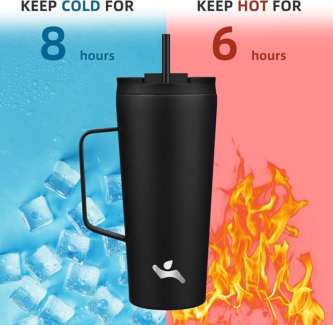 Insulated Tumbler with Handle and Straw, 22 OZ Travel Coffee Mug Stainless Steel Cup Metal Water Bottle,Black