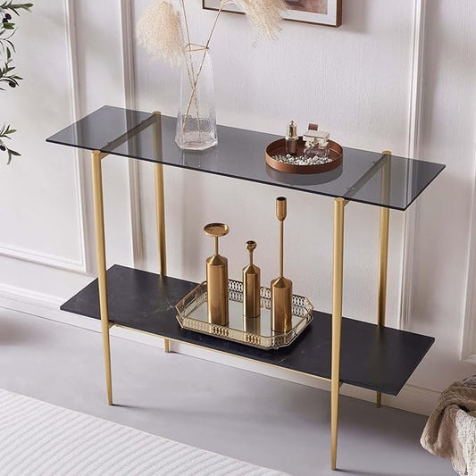 Glass Console Table for Living Room, Foyer & Entrance, 2-Tiers Mid-Century Modern Sofa Table with Grey Glass Top, Black Marble Finish Wood Shelf and Gold Finish Frame