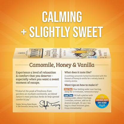 Twinings Honey and Vanilla Herbal Camomile Individually Wrapped Teabags, Soothing, Slightly Sweet & Naturally Caffeine-Free, 20 Count (Pack of 6), Enjoy Hot or Iced