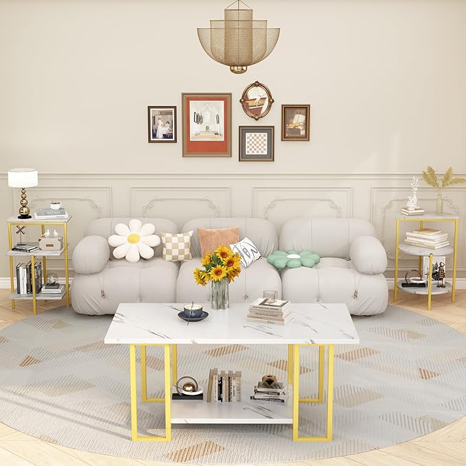 Lamerge Coffee Table Set of 3,Rectangle Coffee Table&2 Accent Table,Faux Marble Tabletop,3 Piece Living Room Table Sets with Multi Tier Storage, for Small Space, Apartment,White & Gold (LCTS-wg)